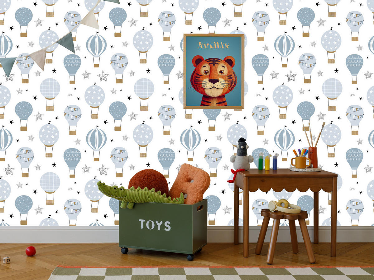VLIESTAPETE Heißluftballons und Sterne – Hellblau, Beige, Weiß – 50x1000 cm - Beige/Weiß, Papier (50/1000cm) - Muralo