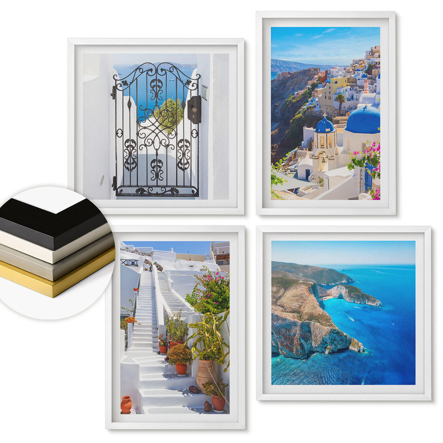 WANDBILDER 4er-Set - 50x50 cm & 40x60 cm Weißer Rahmen - Griechische Architektur auf Santorin, Oia - Weiß, Kunststoff (50/50cm) - ArtPrintCave
