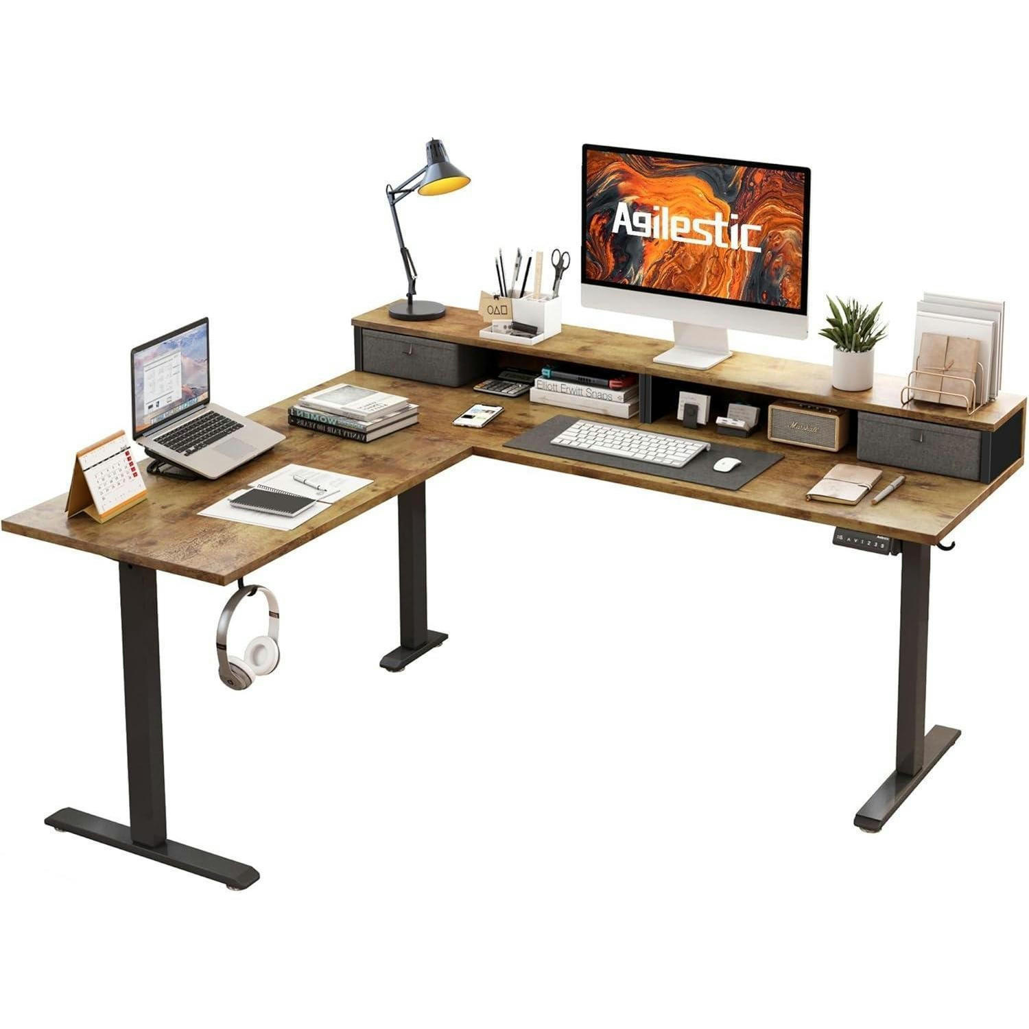 STEHSCHREIBTISCH L-Form elektrisch höhenverstellbar braun 160 x 140 cm mit 2 Schubladen - Braun, Holzwerkstoff (160/140/75cm)
