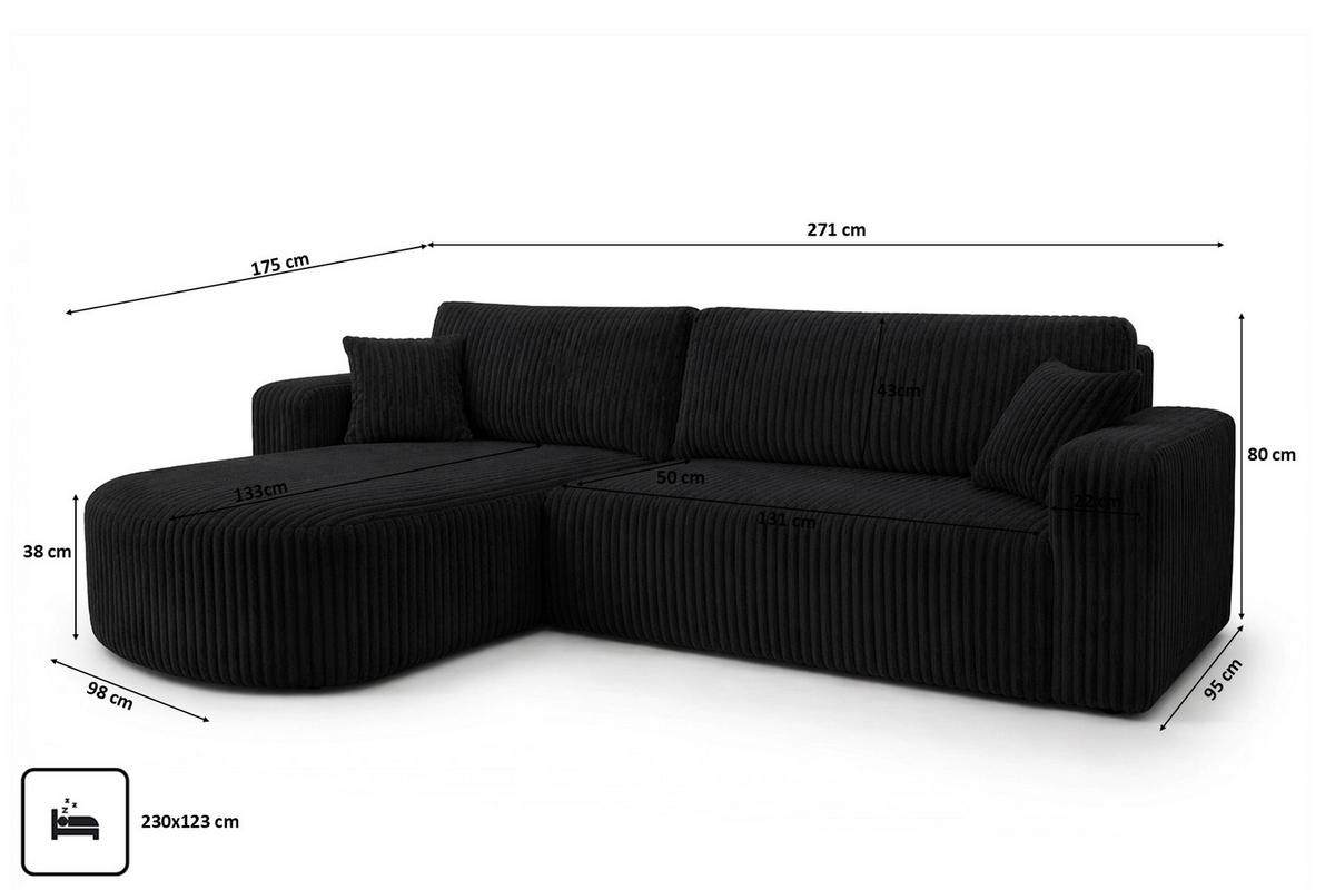 ECKSOFA Mit Schlaffunktion, Cordstoff Tilia, Schwarz, Links, ROUND ONE XL - Schwarz, Holz (271/175cm) - Kaiser Möbel