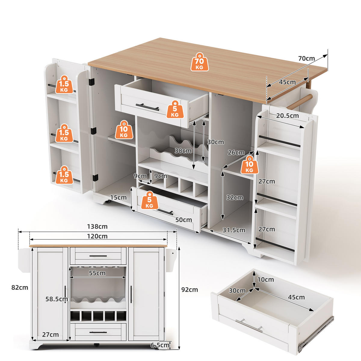 KÜCHENINSEL Mobile & Servierwagen (138 cm) in Weiß/Natur mit Weinregal & viel Stauraum - Weiß, Holzwerkstoff (138/92/70cm) - Urban Meuble