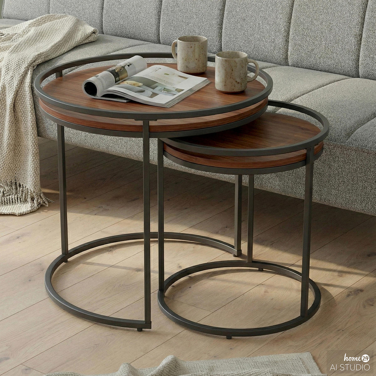 BEISTELLTISCH - 2er-Set - rund - Metall / Spanplatte - Walnussfarben/Schwarz, Holzwerkstoff/Metall (50/50/54cm) - home24