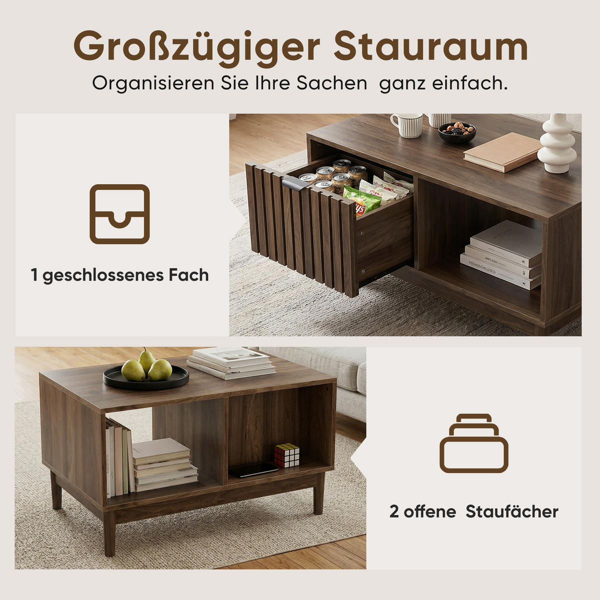 COUCHTISCH holzoptik & gitter-design mit schublade & offenen fächern - Walnussfarben, Holzwerkstoff (50/80/45cm) - Urban Meuble