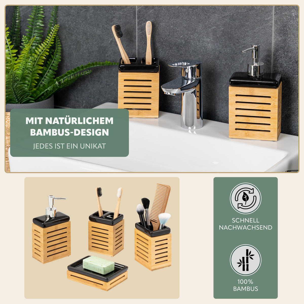 BADEZIMMER-SET, schwarz - Schwarz, Keramik (6.7/11.5/8.5cm) - bremermann