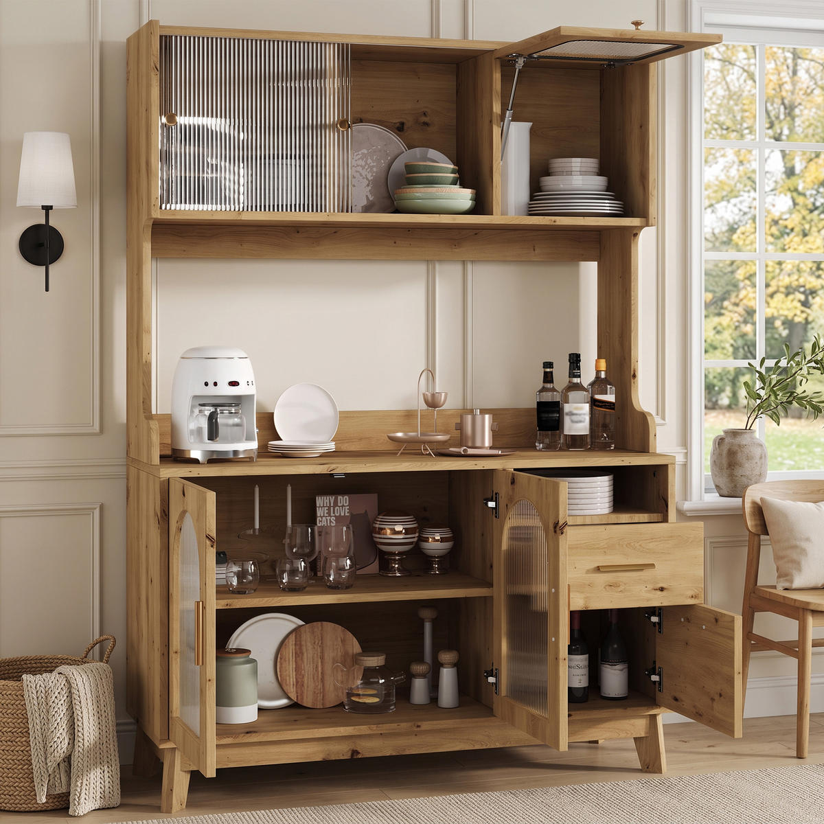 BUFFETSCHRANK 120x40x178 cm, 2 Steckdosen, USB-A/USB-C-Anschlüsse, Holzfarbe - Naturfarben, Holzwerkstoff (120/178/40cm) - FOHERE