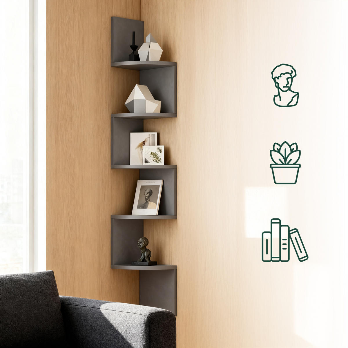 ROHOVÝ regál - antracitová, kompozitní dřevo (20/125/20cm) - Relaxdays