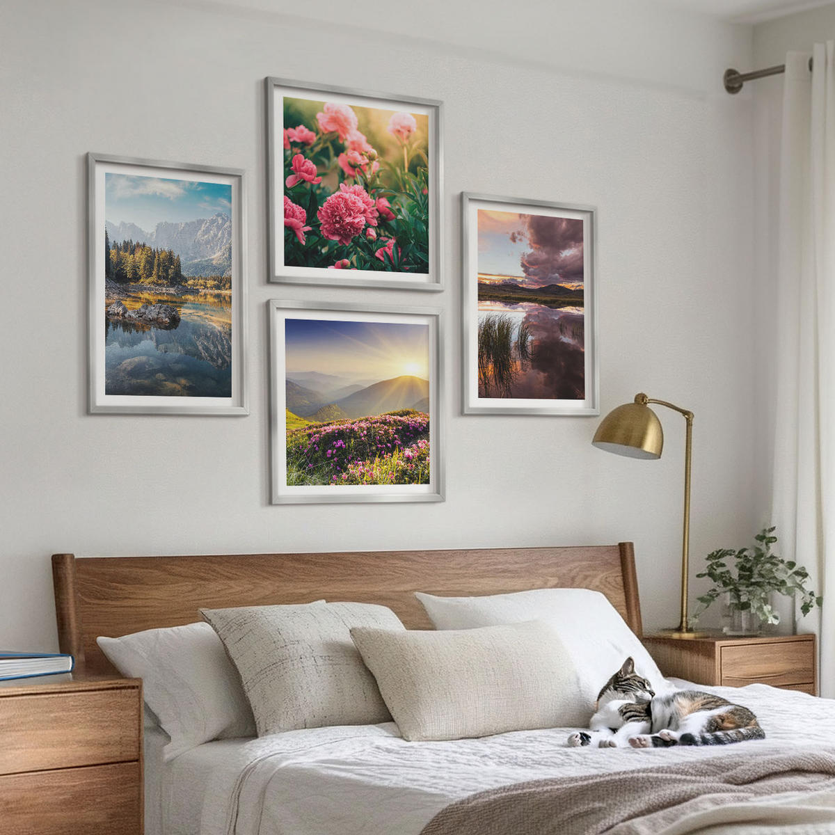 WANDBILDER 4er Set - 50x50 cm & 40x60 cm Silberner Rahmen - Blumengarten, Bergwiese, Wasser - Silberfarben, Kunststoff (50/50cm) - ArtPrintCave