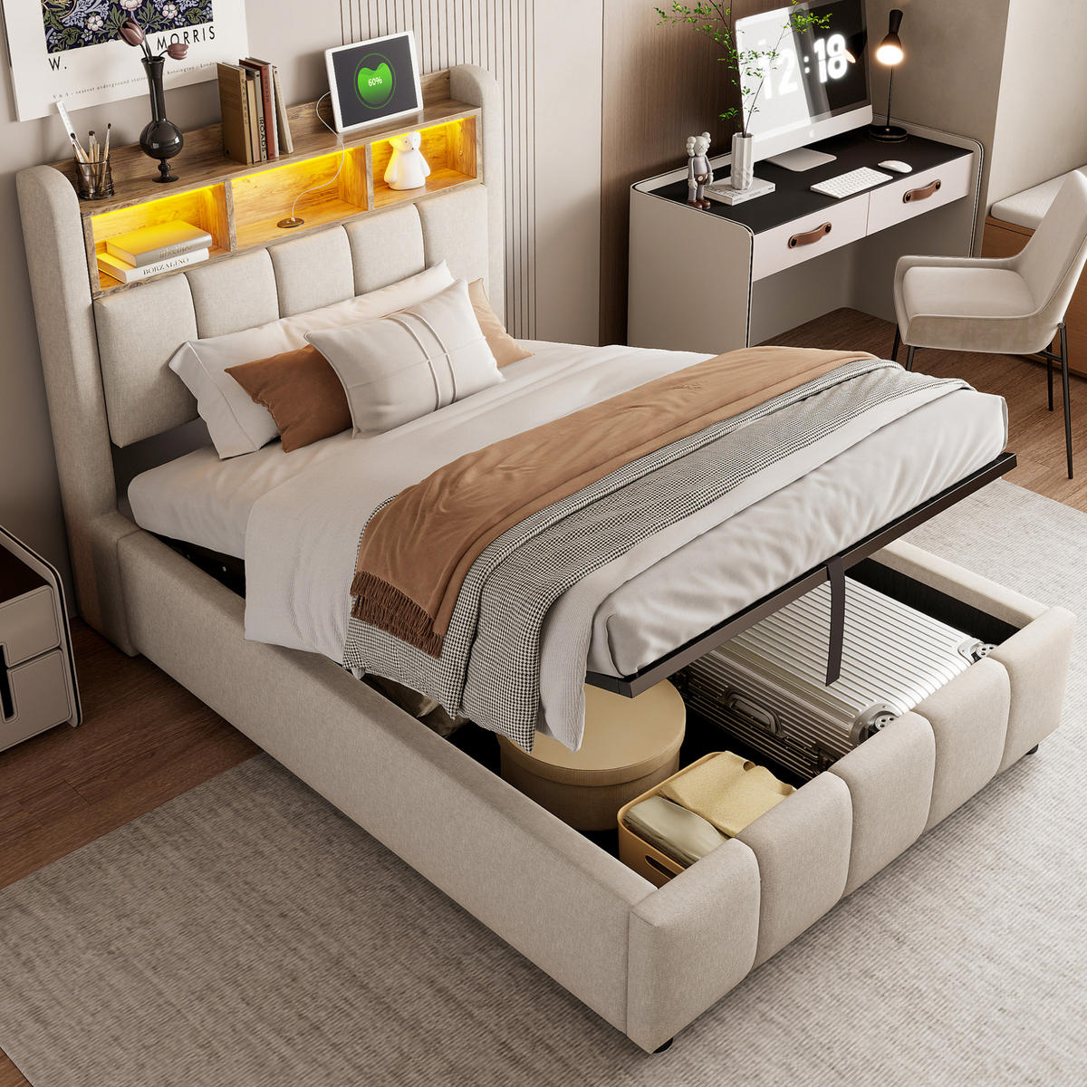 POLSTERBETT 90/200 cm Beige mit LED-Beleuchtung, Stauraum und USB-/Type-C-Anschlüssen - Beige, Textil (90/200cm) - Flora Grace