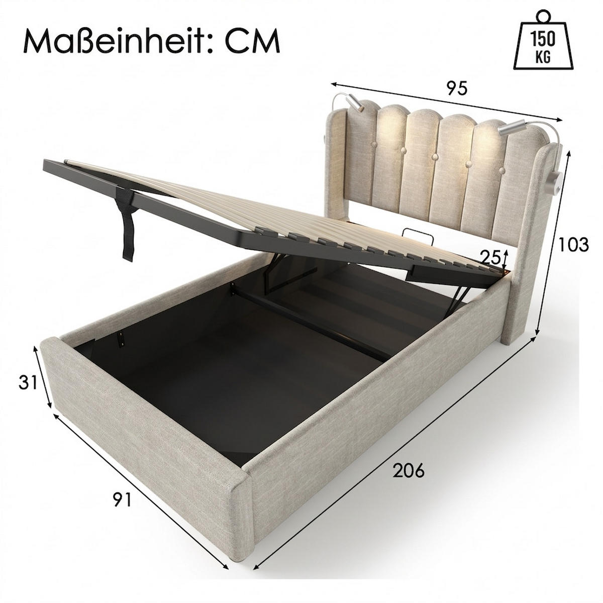 POLSTERBETT 90/200 cm Natürlich mit Leselampe mit wiederaufladbarer Funktion - Naturfarben, Textil (90/200cm) - Oxeza