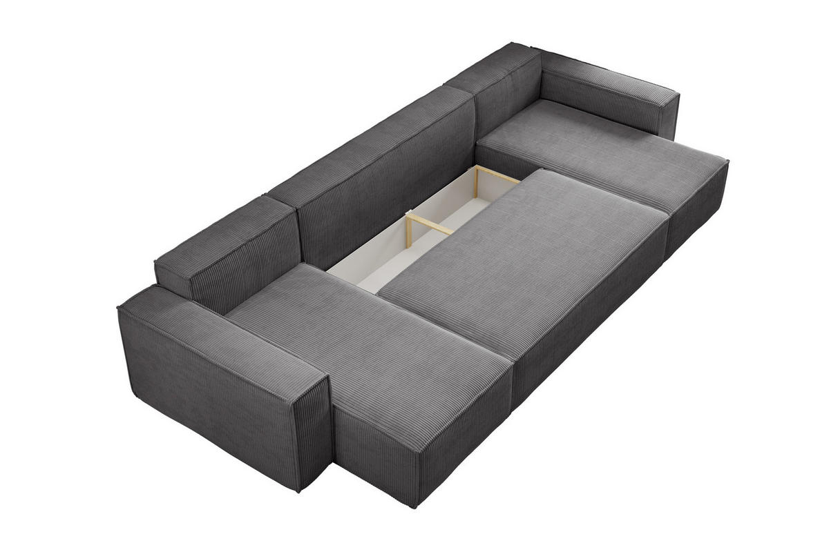 WOHNLANDSCHAFT Hugo U-Form Cordstoff mit Schlaffunktion und Bettkasten - Dunkelgrau, Textil (312/83/142cm) - VENASI MÖBEL