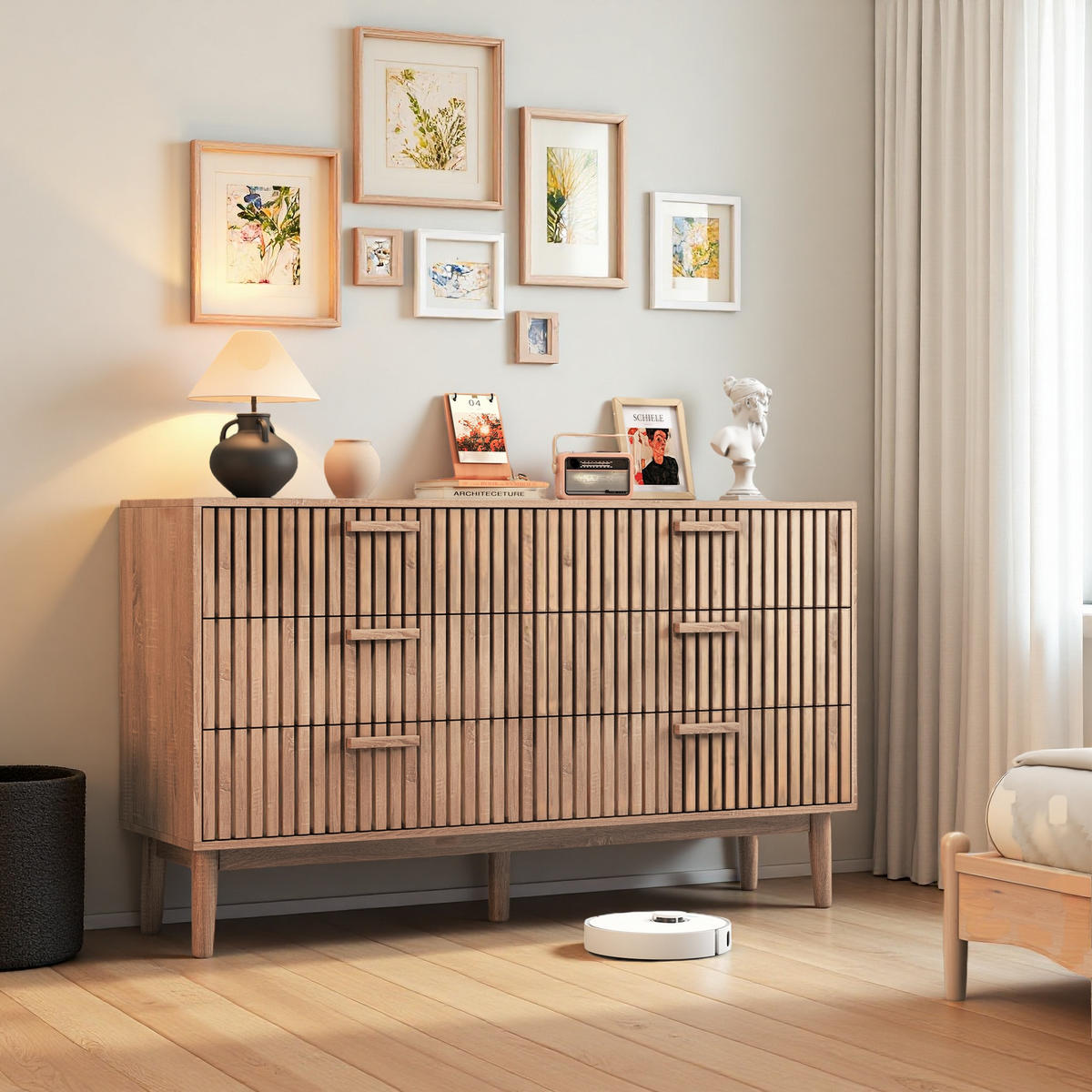 TRÄBYRÅ 6 lådor minimalistisk stor förvaringsvolym - Naturfärgad, Träbaserade material (34/73/100cm) - SHOPENTRA