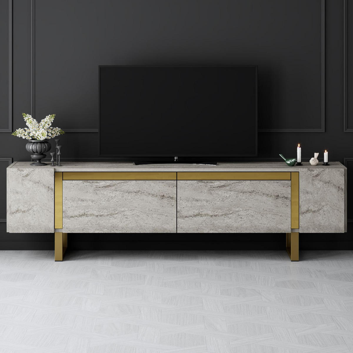 TV-MÖBEL Yildiz Travertin-Gold - Beige/Goldfarben, Holz (180/50/30cm) - Habitat Garten