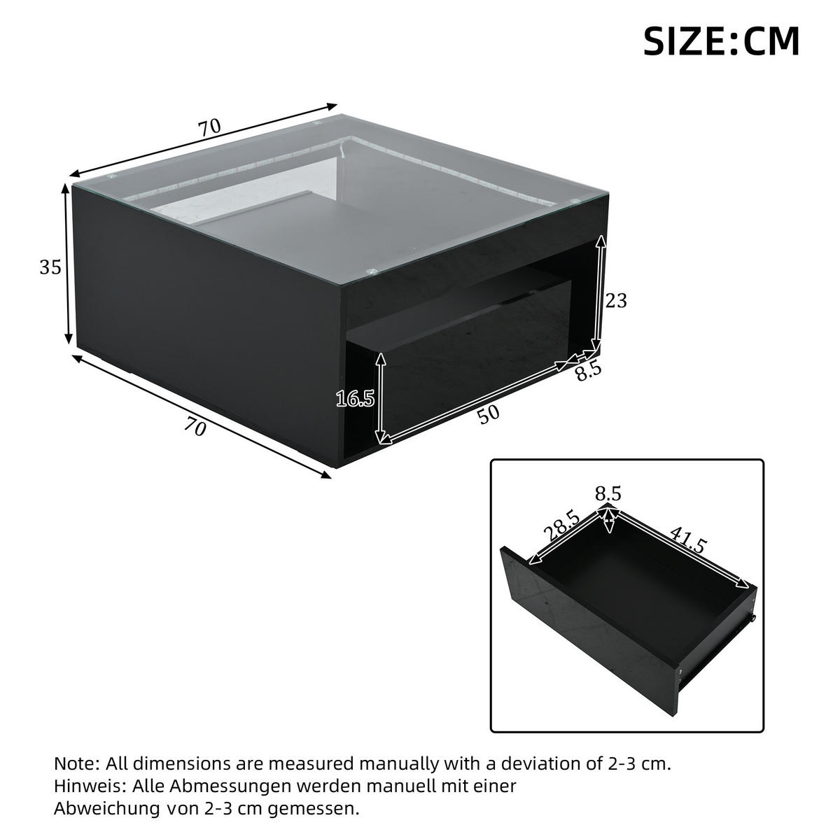 COUCHTISCH 70/70/35 cm mit LED-Beleuchtung und 2 Schubladen in Schwarz - Schwarz, Holzwerkstoff (70/70/35cm) - Flora Grace