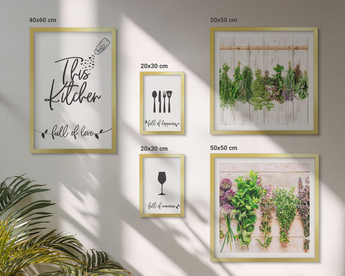 BILDER SET 5er Set - 50x50 cm & 20x30 cm & 40x60 cm Goldrahmen - Tisch aus Zitronenbaum - Goldfarben, Kunststoff (40/60cm) - TULUP