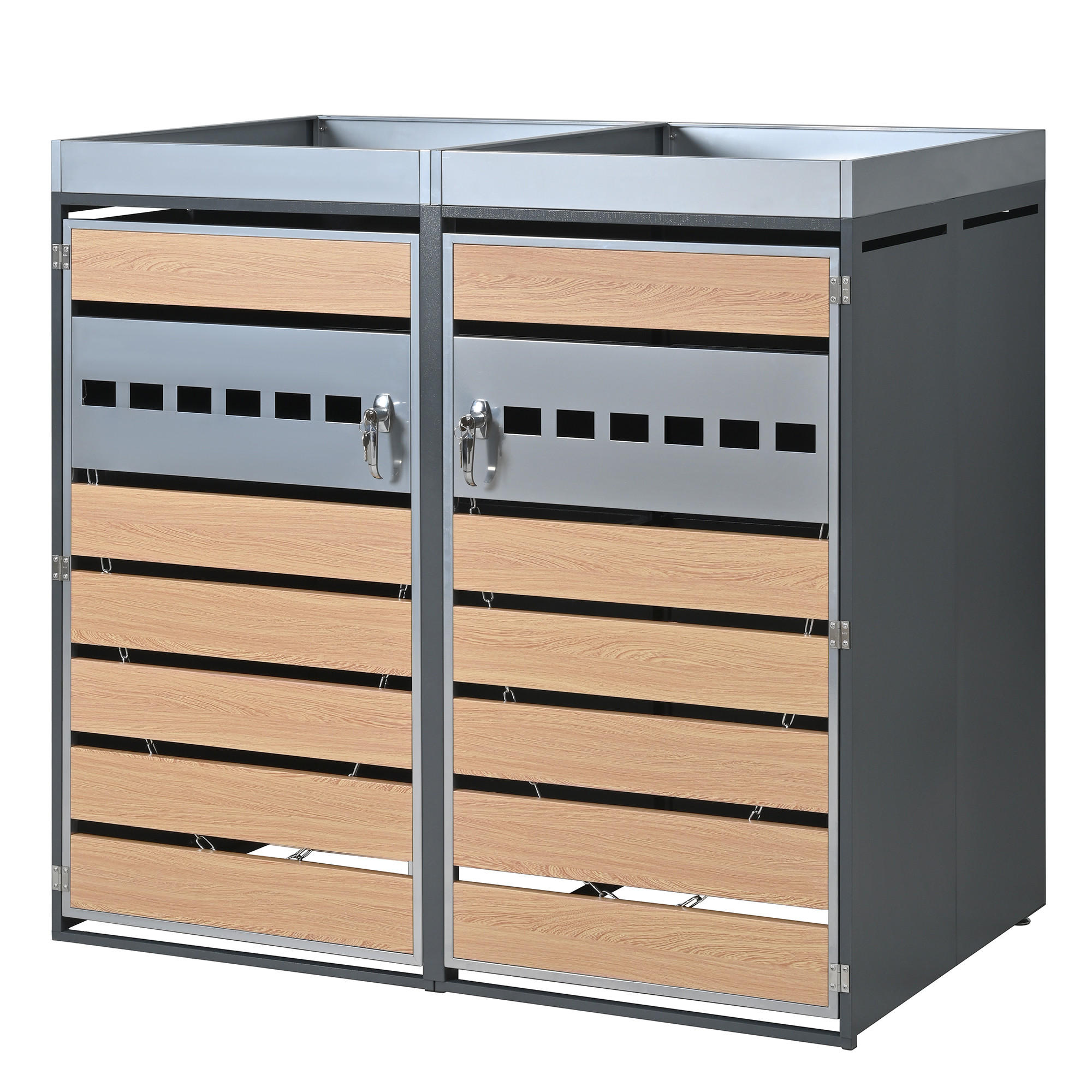 MÜLLTONNENBOX 2 Türen abschließbar Pflanzdach Belüftung - Multicolor, Metall (80/124.5/132cm) - FLIEKS
