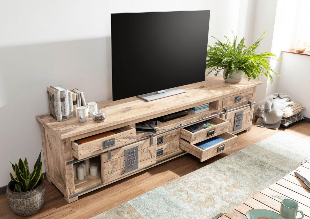 TV-BOARD Mango 240x50x60 whitewash lackiert RAILWAY #356 - Beige, Holz (240/60/50cm) - Massivmoebel24