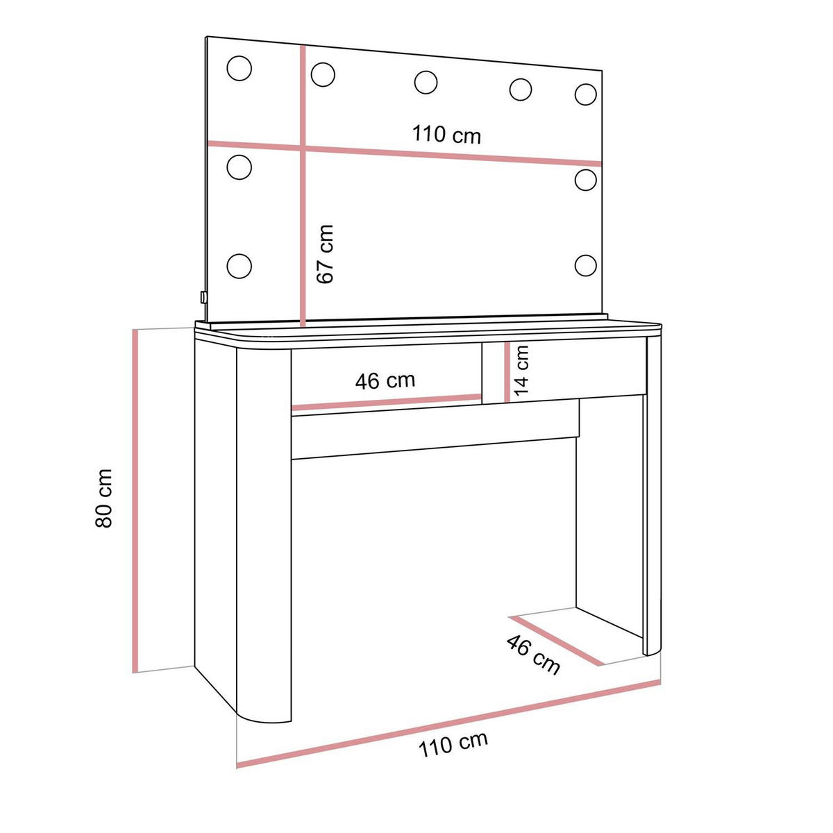 SCHMINKTISCH AVELINE ELITE mit Spiegel und LED-Beleuchtung - Kaschmir, Holzwerkstoff (110/80/40cm) - Lookway