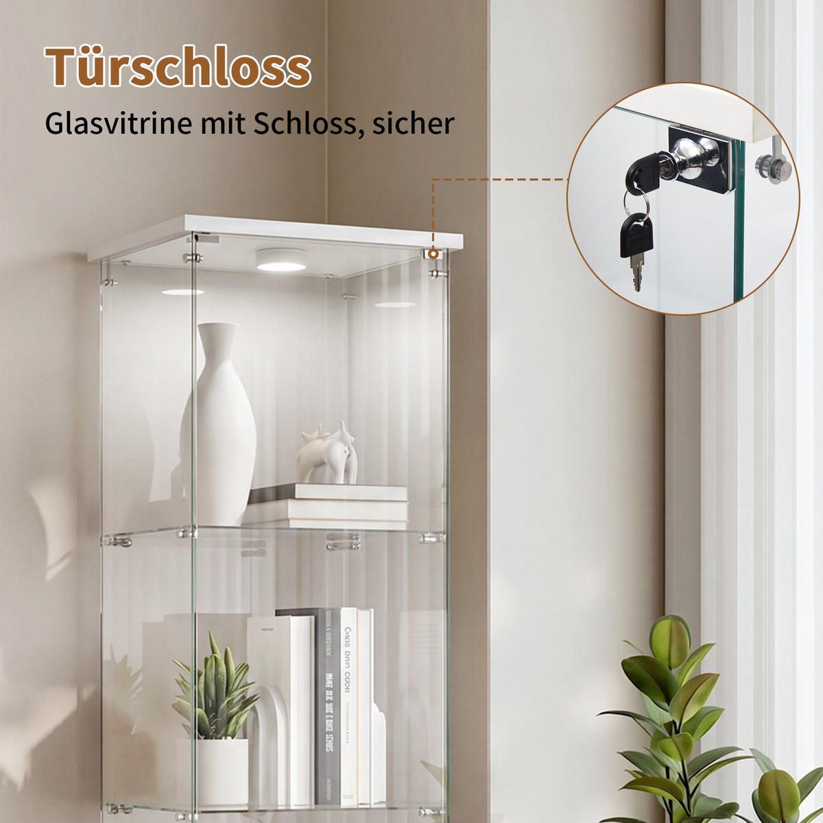 VITRINENSCHRANK Glasvitrine led Weiß mit 1 Tür und 4 Etagen, mit Schloss und Spiegeleffekt,164cm - Weiß, Glas (36.5/164/42.5cm) - BPKADHY