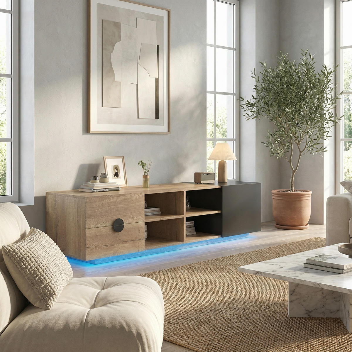 TV-SCHRANK 180 cm Holz & Schwarz mit Schublade, offenen Fächern und Schrank - Schwarz, Holzwerkstoff (180/47/38.5cm) - Urban Meuble