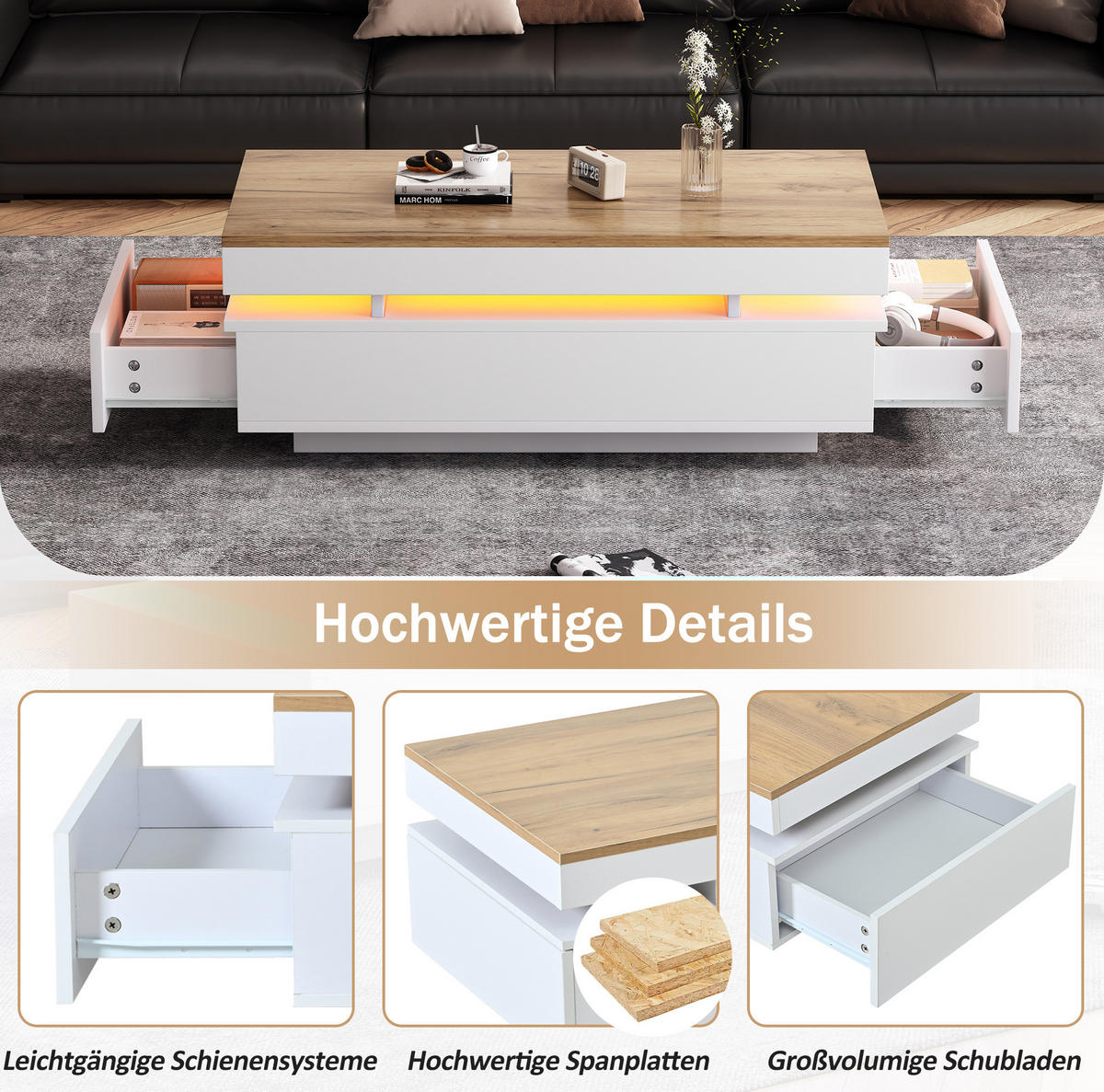COUCHTISCH 100/50/35 cm mit LED-Beleuchtung und 2 Schubladen, Hochglanz, Weiß/Holzton - Weiß/Eiche Artisan, Holzwerkstoff (100/50/35cm) - Redom