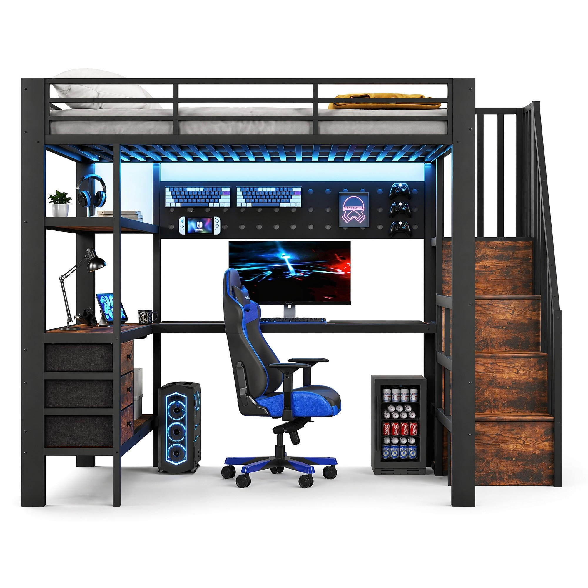 HOCHBETT 140/200 cm aus MDF und Metall mit Tisch, LED, Schwarz - Schwarz, Holzwerkstoff (140/200cm) - OKMYHOME