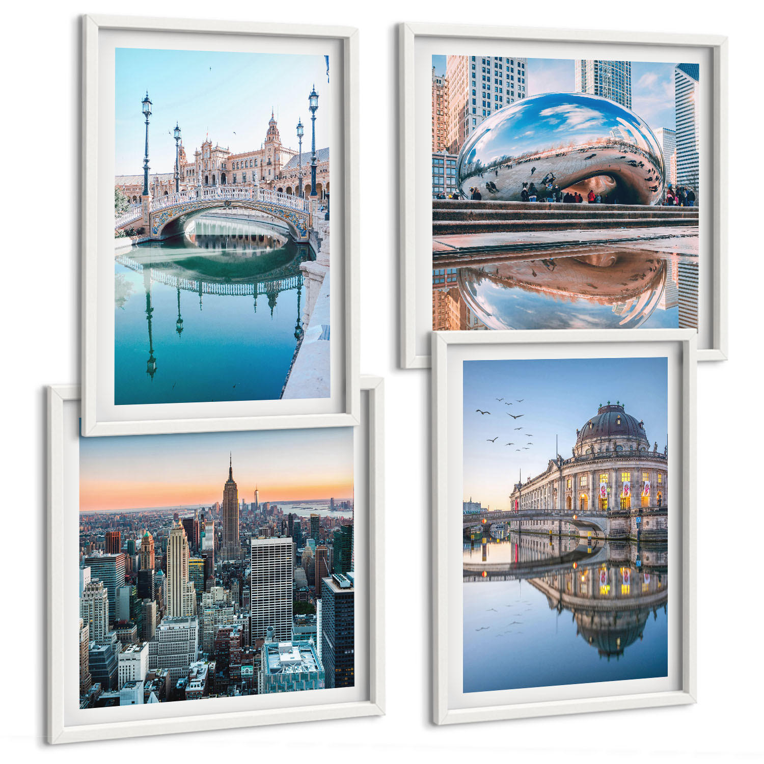 BILDER SET 4er Set - 50x50 cm & 40x60 cm Weißer Rahmen - Architektur von Städten am Wasser - Weiß, Kunststoff (50/50cm) - TULUP