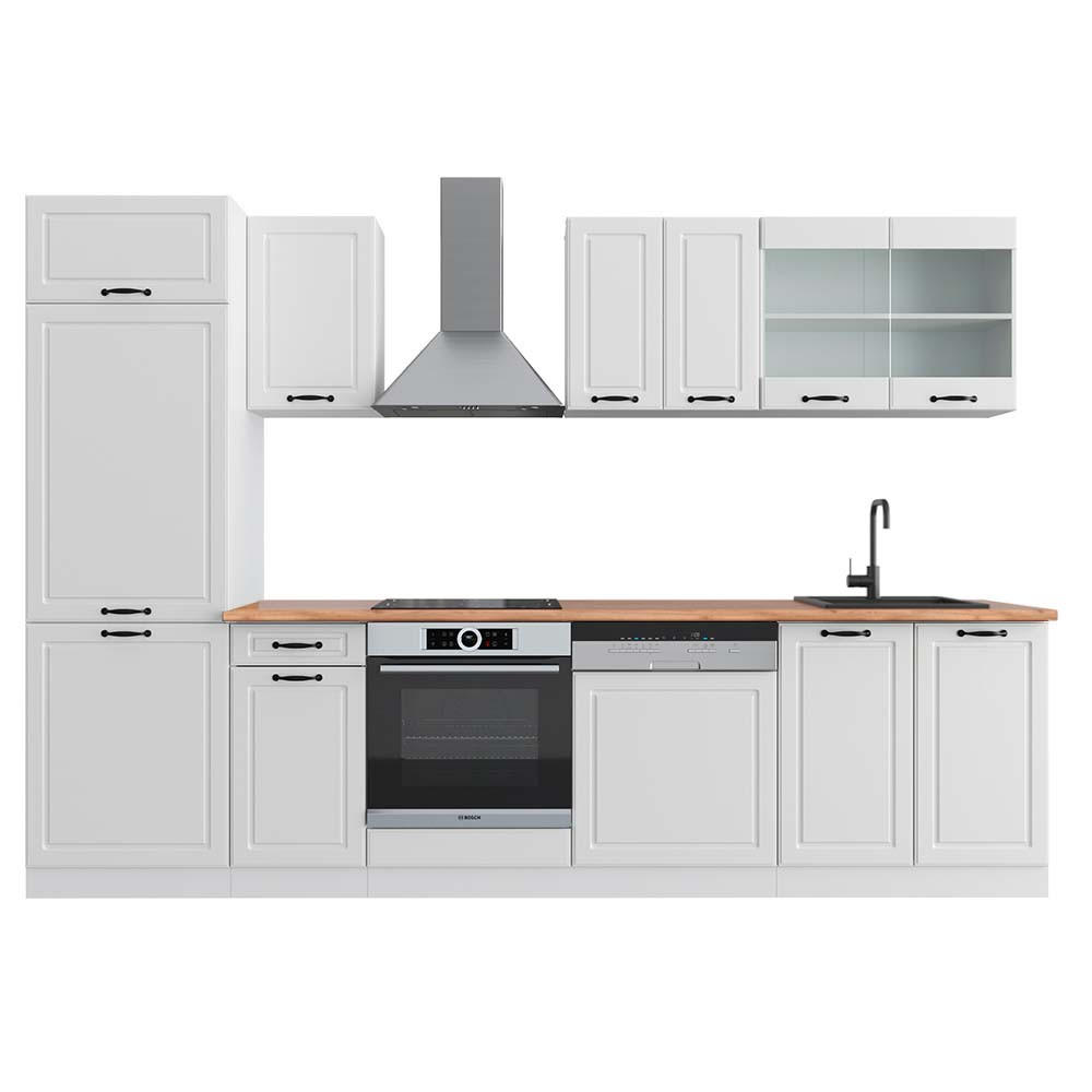 KÜCHENZEILE R-Line Weiß Landhaus/Weiß 300 cm, AP Eiche - Weiß, Holzwerkstoff (300/81.6/60cm) - Vicco