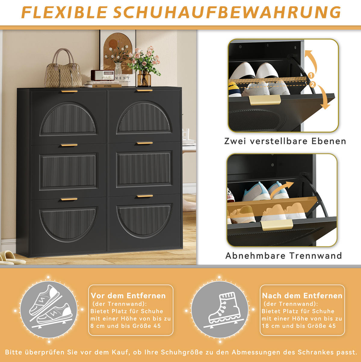 SCHUHSCHRANK 118/25/115 cm in Schwarz mit 6 Klappen und offenen Ablagen - Schwarz, Holzwerkstoff (118/115/25cm) - Flora Grace