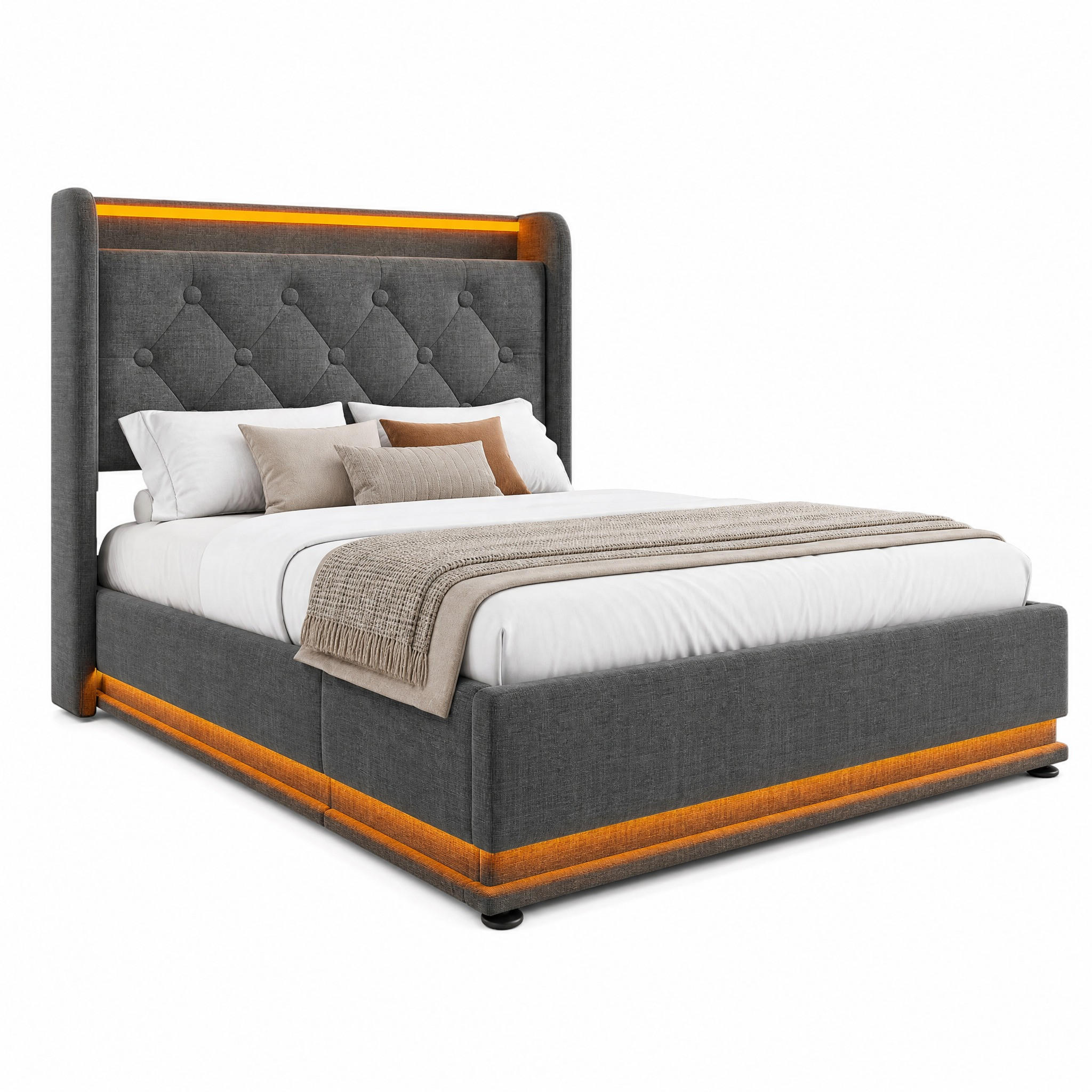 BETT mit LED und Stauraum 90x200 cm Leinen Grau - Grau, Metall (90/200cm) - Meubliv
