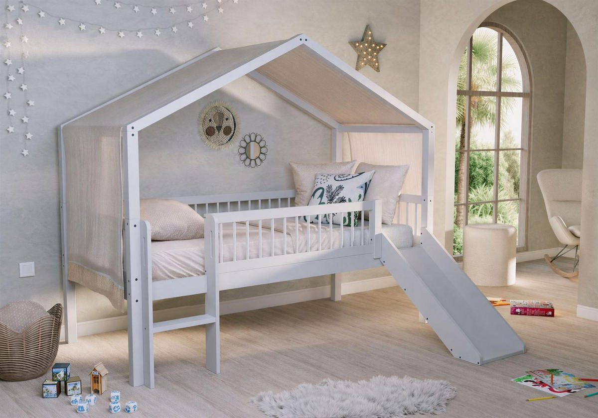 HAUSBETT HALBHOCH 90x200 Keeley Buche Weiß Rutsche Himmel - Weiß, Holz (90/200cm) - 58aufmkessel