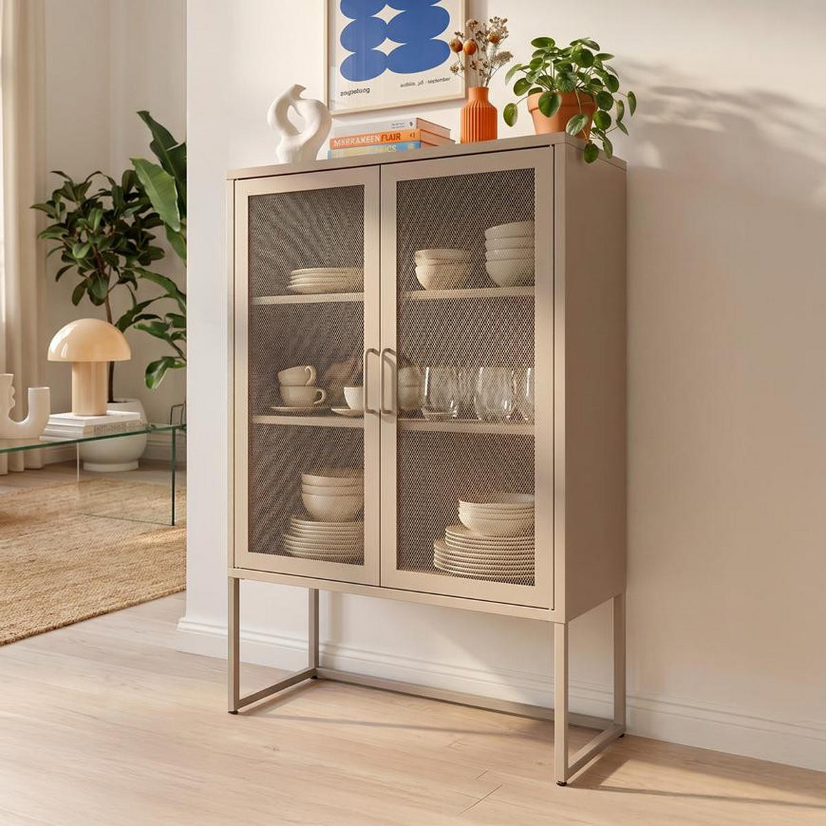 HIGHBOARD im Industrial-Design aus Metall H.120cm 2 Türen Streckmetall Beige - Kai - Beige, Metall (85/120/45cm) - Sicaan