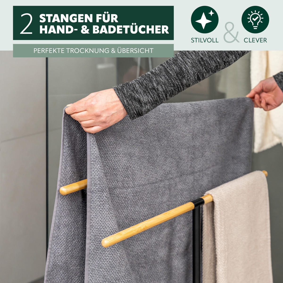 STAND-HANDTUCHHALTER, Bambus/Metall schwarz - Schwarz, Metall (68.5/79/18cm) - eluno