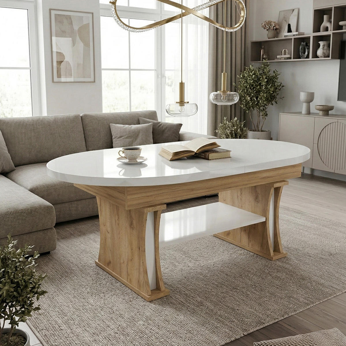 COUCHTISCH oval ausziehbar höhenverstellbar Ablage 130/80/60 cm - Weiß Hochglanz/Eichefarben, Holzwerkstoff (80/130/60cm) - designimpex