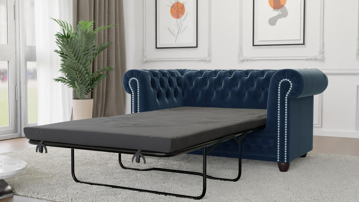 CHESTERFIELD-SOFA 2-sitzer mit Schlaffunktion Nyx Marineblau Samt - Dunkelblau/Braun, Holz/Textil (148/72/86cm) - S-Style Möbel