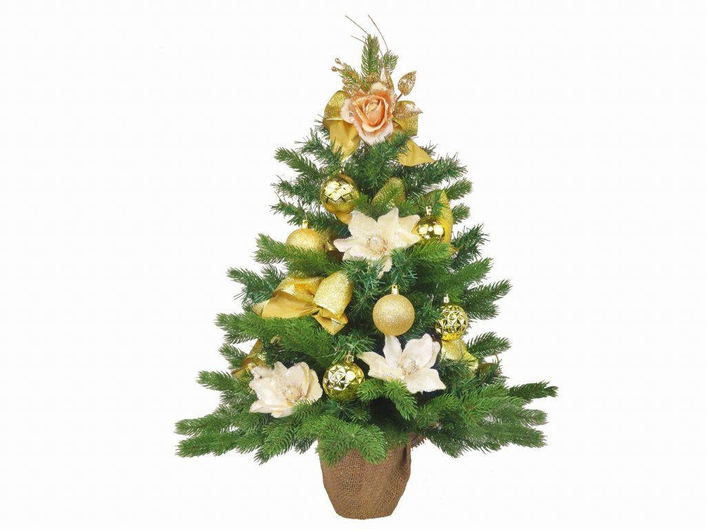 WEIHNACHTSBAUM künstlicher 60 cm mit LED-Beleuchtung, ZARTEROSE, mit 19 Weihnachtsbaumschmuck, Pflanztopf mit Jutesack - Champagner/Goldfarben, Kunststoff/Stein (40/60cm) - LAALU