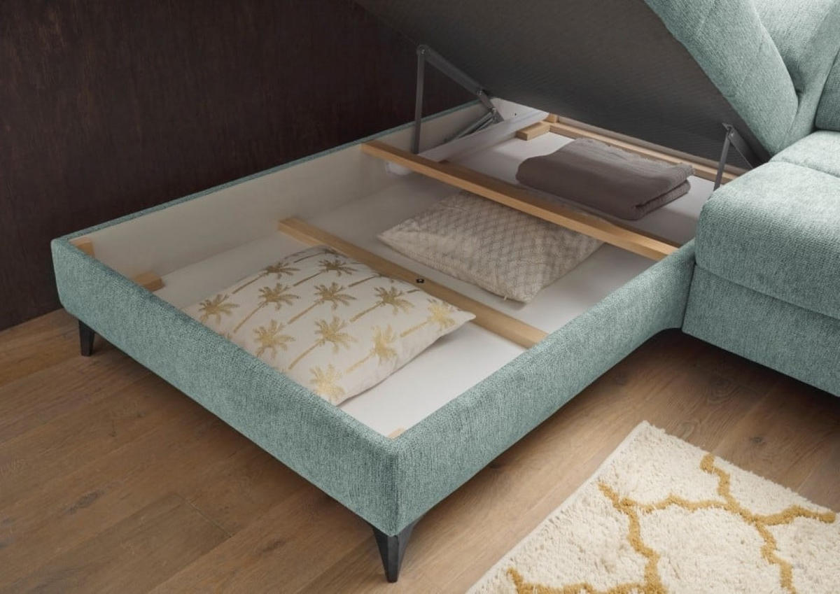 ECKSOFA mit Schlaffunktion und Bettkasten, Luxus-Mikrofaser - Blau/Schwarz, Textil/Metall (282/198cm) - ed exciting design
