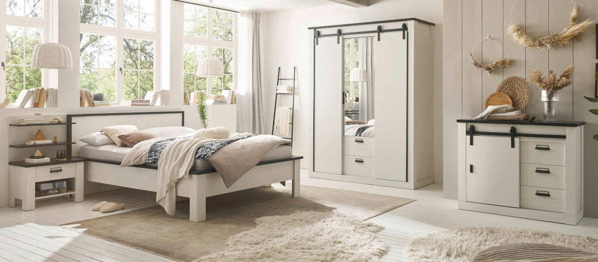 BETT weiß Pinie, anthrazit Landhaus, Einzelbett Liegefläche 140 x 200 cm - Anthrazit/Weiß, Holzwerkstoff (140/200cm) - Furn.Design