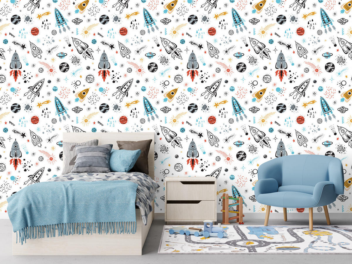 VLIESTAPETE Planeten, Sterne und Raketen – Bunt, Weiß – 50x1000 cm - Multicolor/Weiß, Papier (50/1000cm) - Muralo