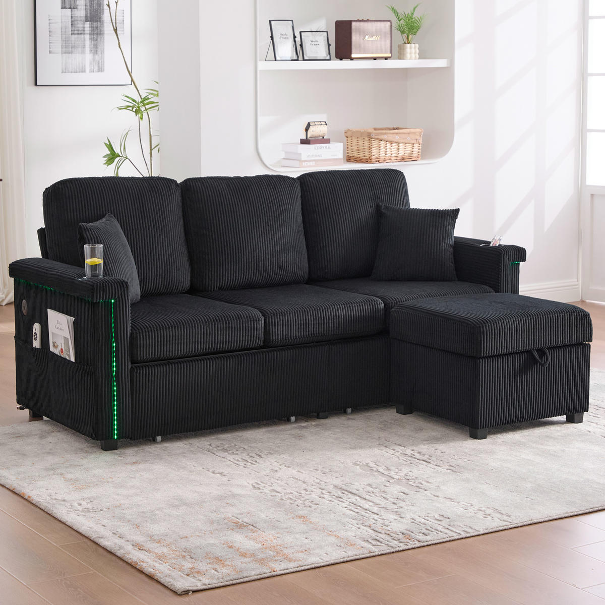 ECKSOFA 194/73/81 cm Schwarz mit LED-Beleuchtung, Stauraum-Fußteil, 2 Schubladen, Getränkehaltern und Seitentaschen - Schwarz, Textil (194/73cm) - Oxeza