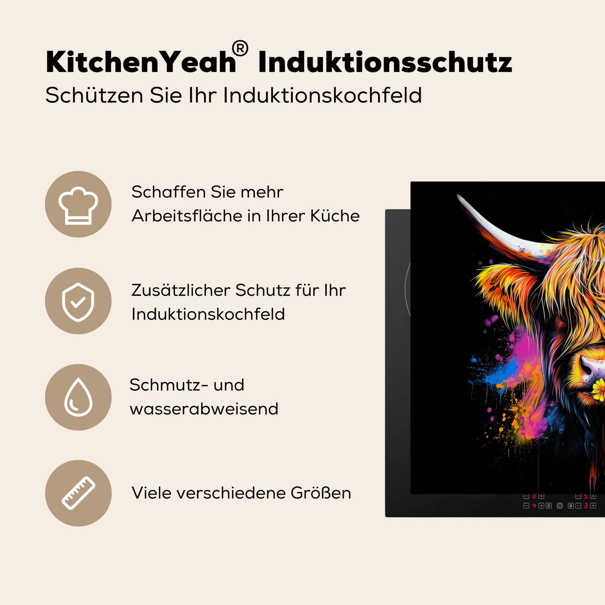 HERDABDECKPLATTE Schottischer Highlander - Graffiti - Bunt - Blume - Tiere Herdabdeckung Induktionsfeld 65x52 cm - Multicolor, Kunststoff (65/52/0.2cm) - MuchoWow