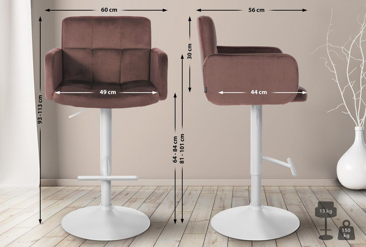 BARHOCKER Samt braun - Weiß/Braun, Textil/Metall (60/93/56cm) - CLP