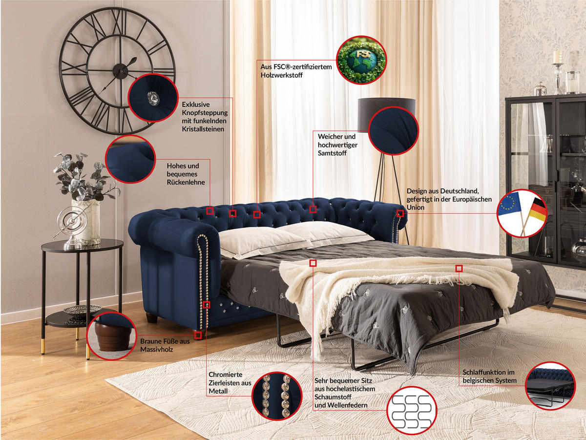 CHESTERFIELD-SOFA 3-Sitzer mit Schlaffunktion Cleo Blink Marineblau Samt mit Kristallsteppung und braunen Massivholzfüßen - Blau/Braun, Holz/Textil (203/72/86cm) - S-Style Möbel