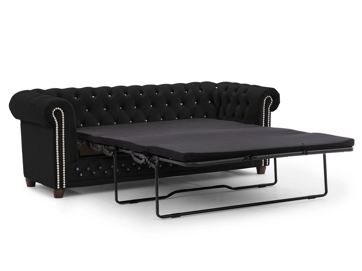 CHESTERFIELD-SOFA 3-Sitzer mit Schlaffunktion Cleo Blink Schwarz Samt mit Kristallsteppung und braunen Massivholzfüßen - Schwarz/Braun, Holz/Textil (203/72/86cm) - S-Style Möbel