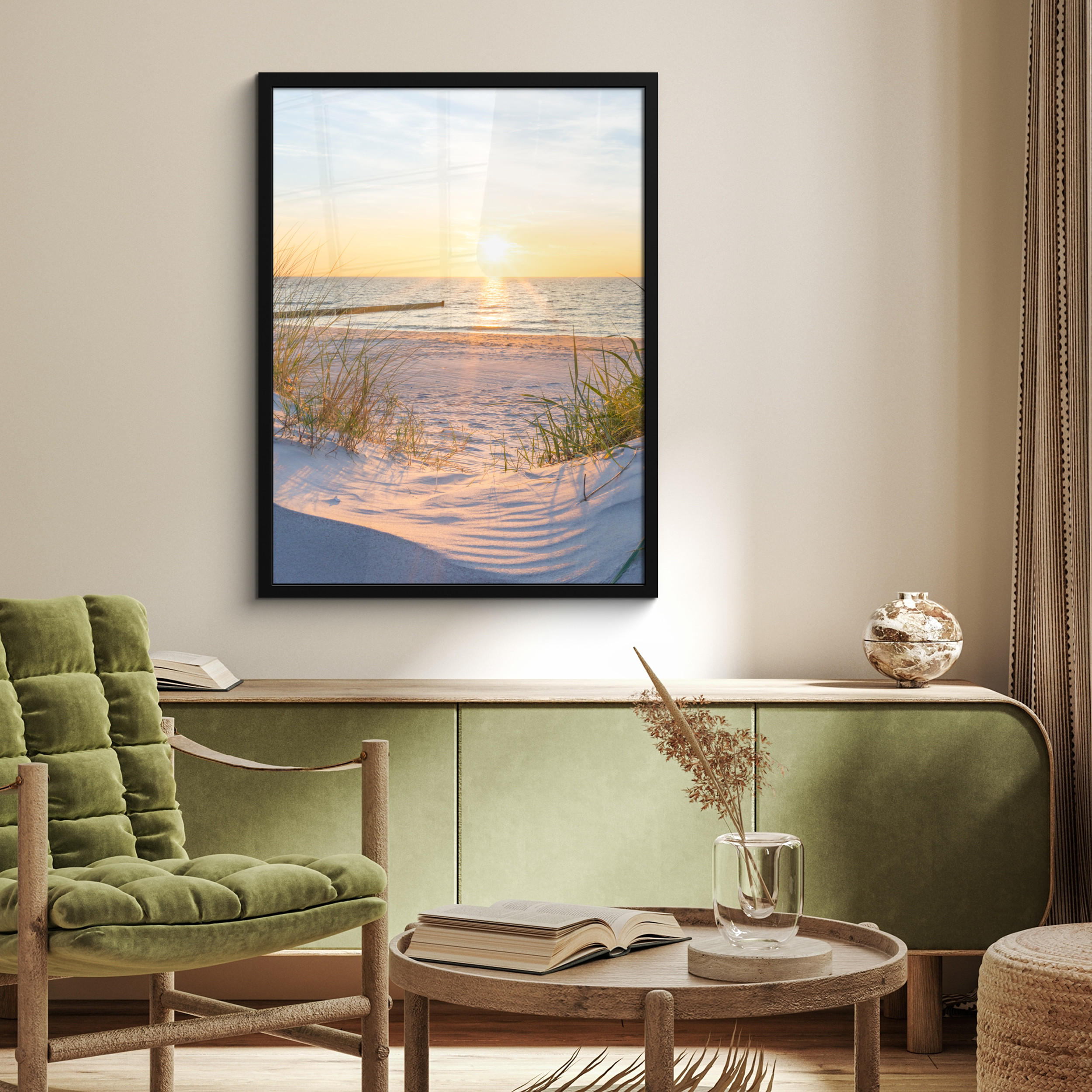 GERAHMTES BILD Strand - Sonne - Düne - Gras - Sand - Horizont 60x80 cm - Hellblau, Papier (60/80cm) - MuchoWow