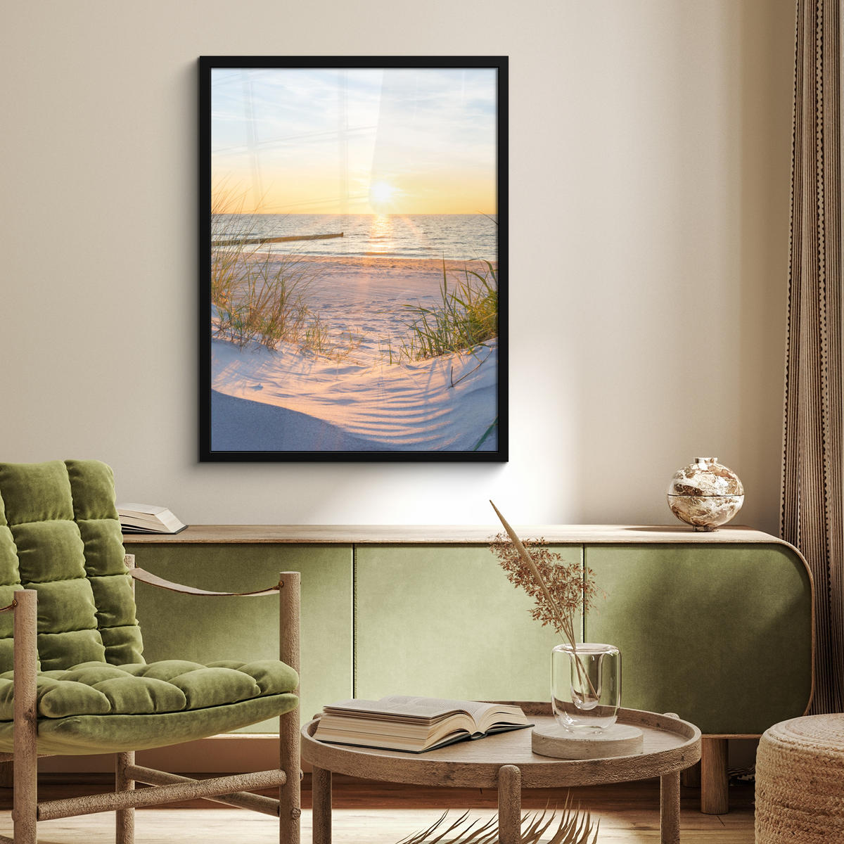 GERAHMTES BILD Strand - Sonne - Düne - Gras - Sand - Horizont 60x80 cm - Hellblau, Papier (60/80cm) - MuchoWow