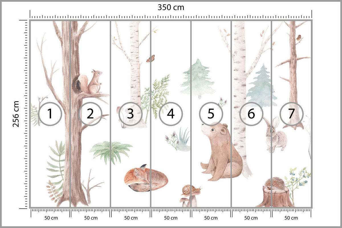 FOTOTAPETE für Kinderzimmer Wilde Waldtiere Aquarell Bäume 350x256 - Orange/Braun, Papier (350/256cm) - Muralo