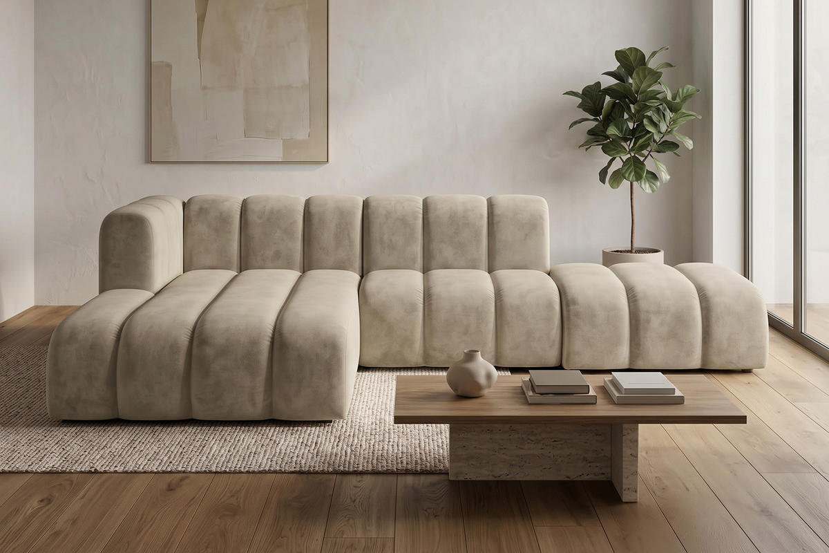 ECKSOFA Modulares In L-Form Mit Hocker, Velvet-Stoff Riviera, Beige, Links, GRAND Mini - Beige, Holz (295/179cm) - Kaiser Möbel