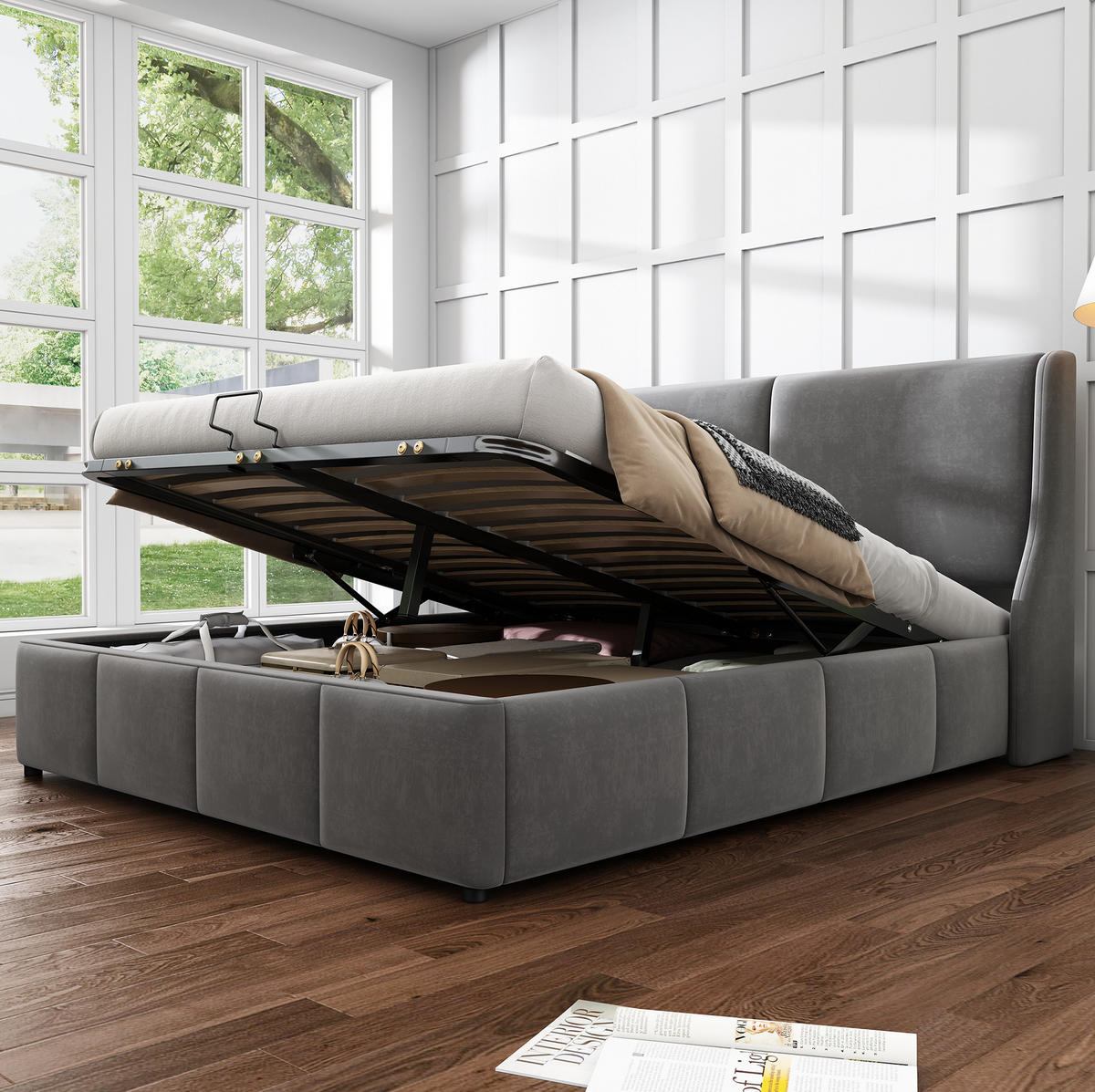 POLSTERBETT aus Samt 140x200 cm Grau mit hydraulischem Bettkasten und Lattenrost - Beige, Textil (140/200cm) - IVMEU