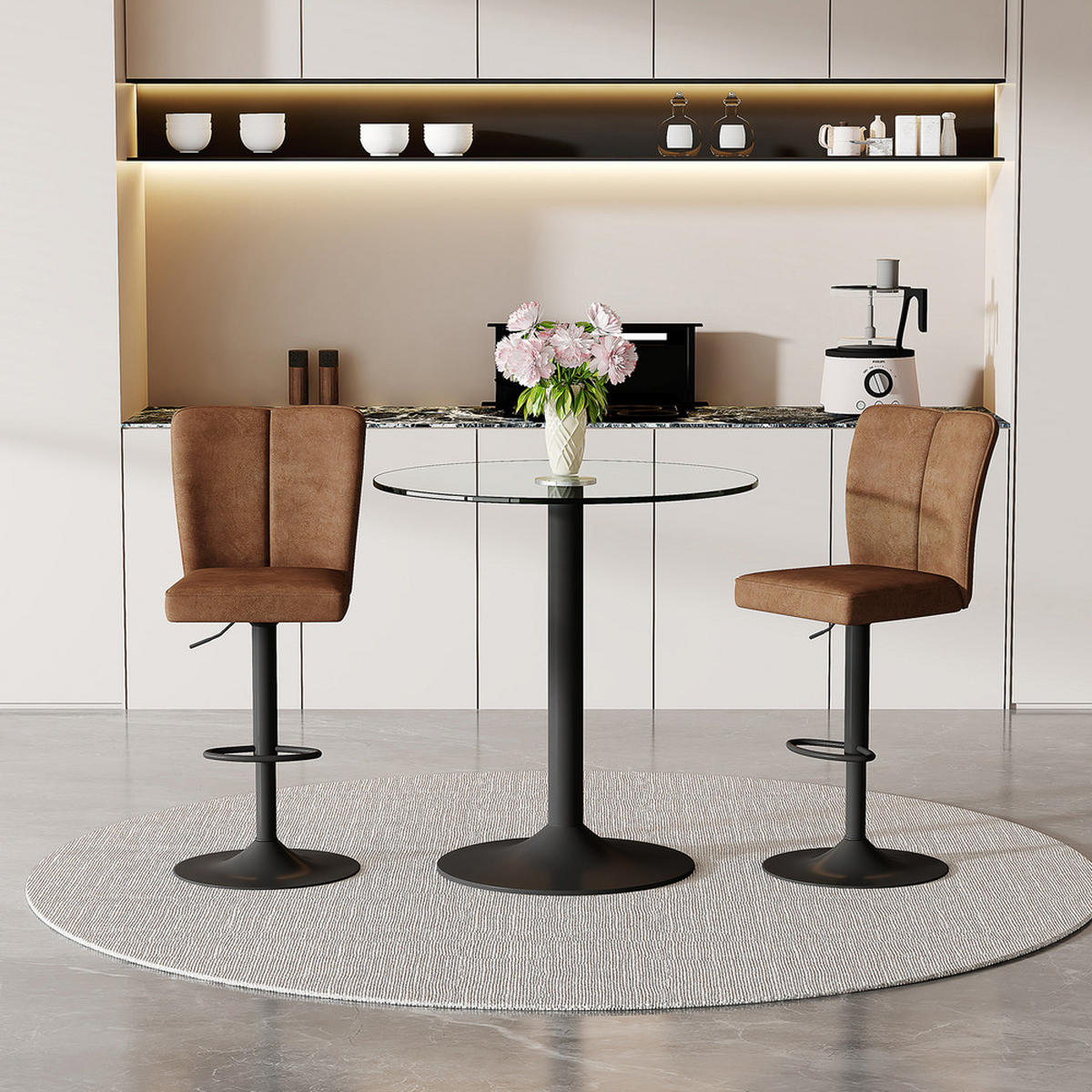 TISCHGRUPPE 3-tlg Glastisch 89 cm & 2 drehbaren Barhockern Braun - Braun, Glas/Metall (93.5/5.5/93.5cm) - Raelunyi