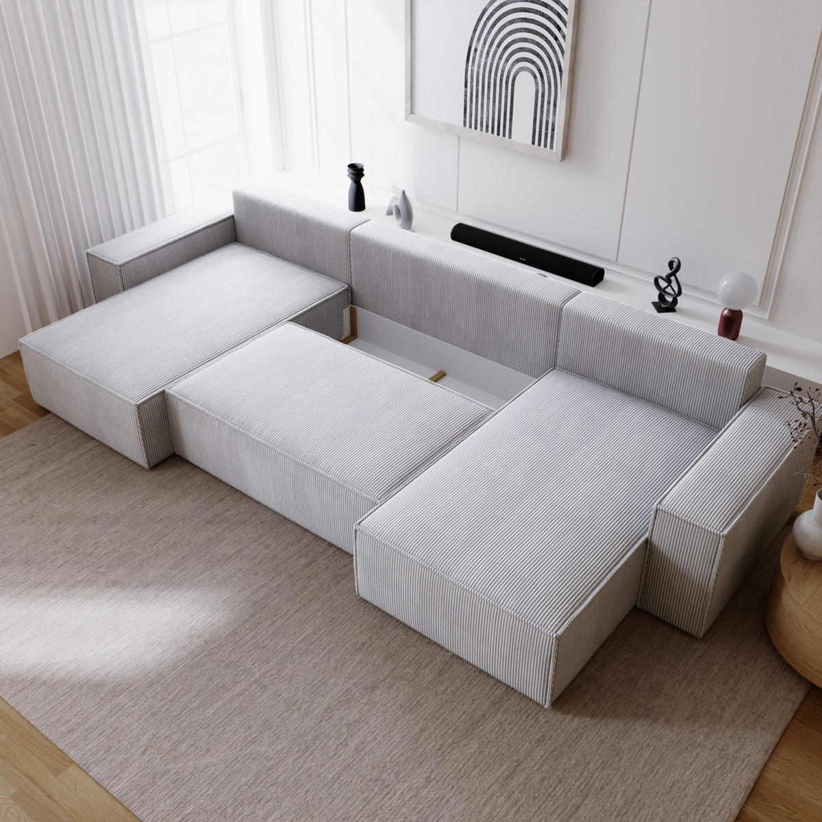 ECKSOFA U 380 cm Bergamo mit Schlaffunktion, Cordstoff, Hellgrau - Hellgrau, Holz (377/189cm) - Emporius